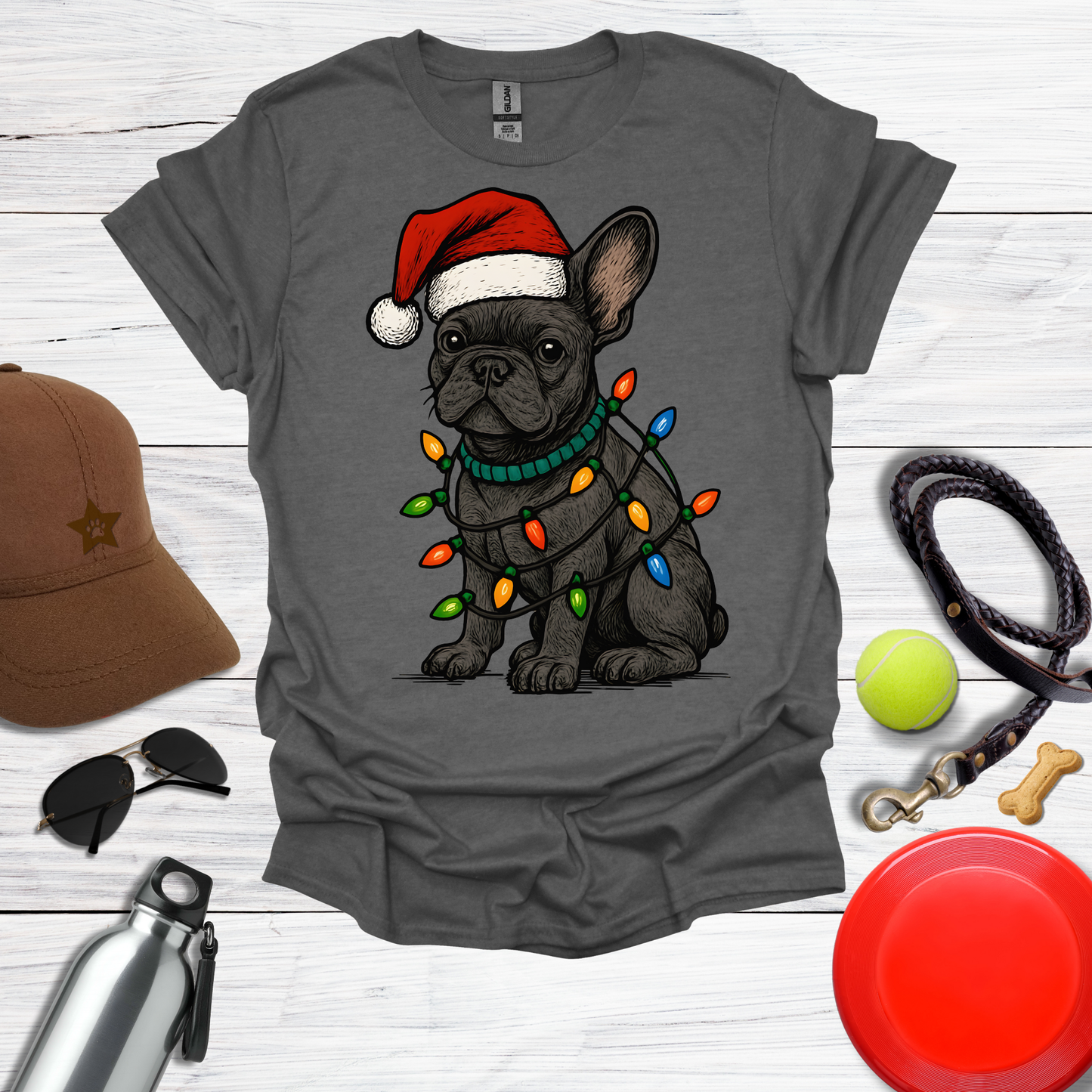 Festive Pup in Santa Hat with Holiday Lights T-Shirt