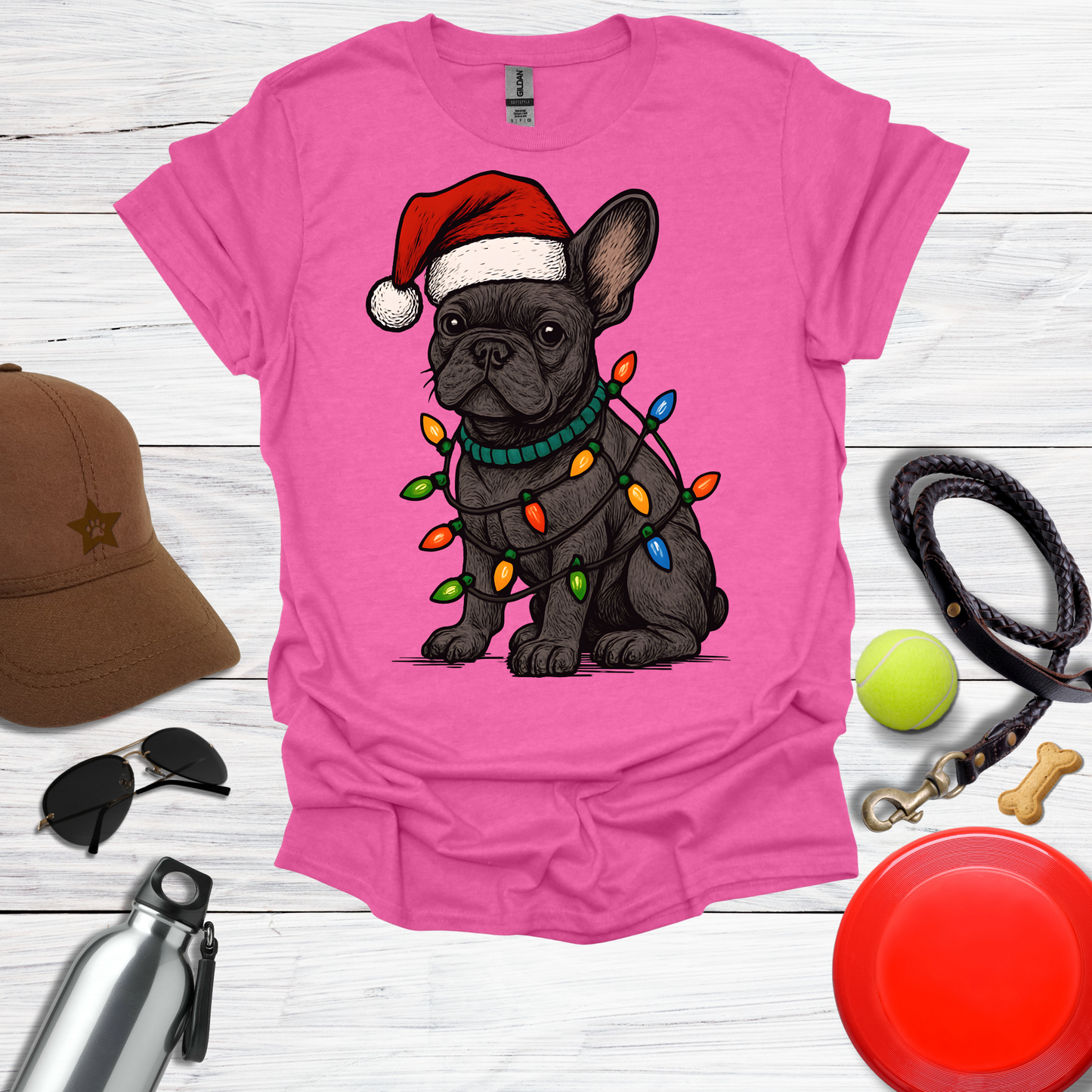 Festive Pup in Santa Hat with Holiday Lights T-Shirt
