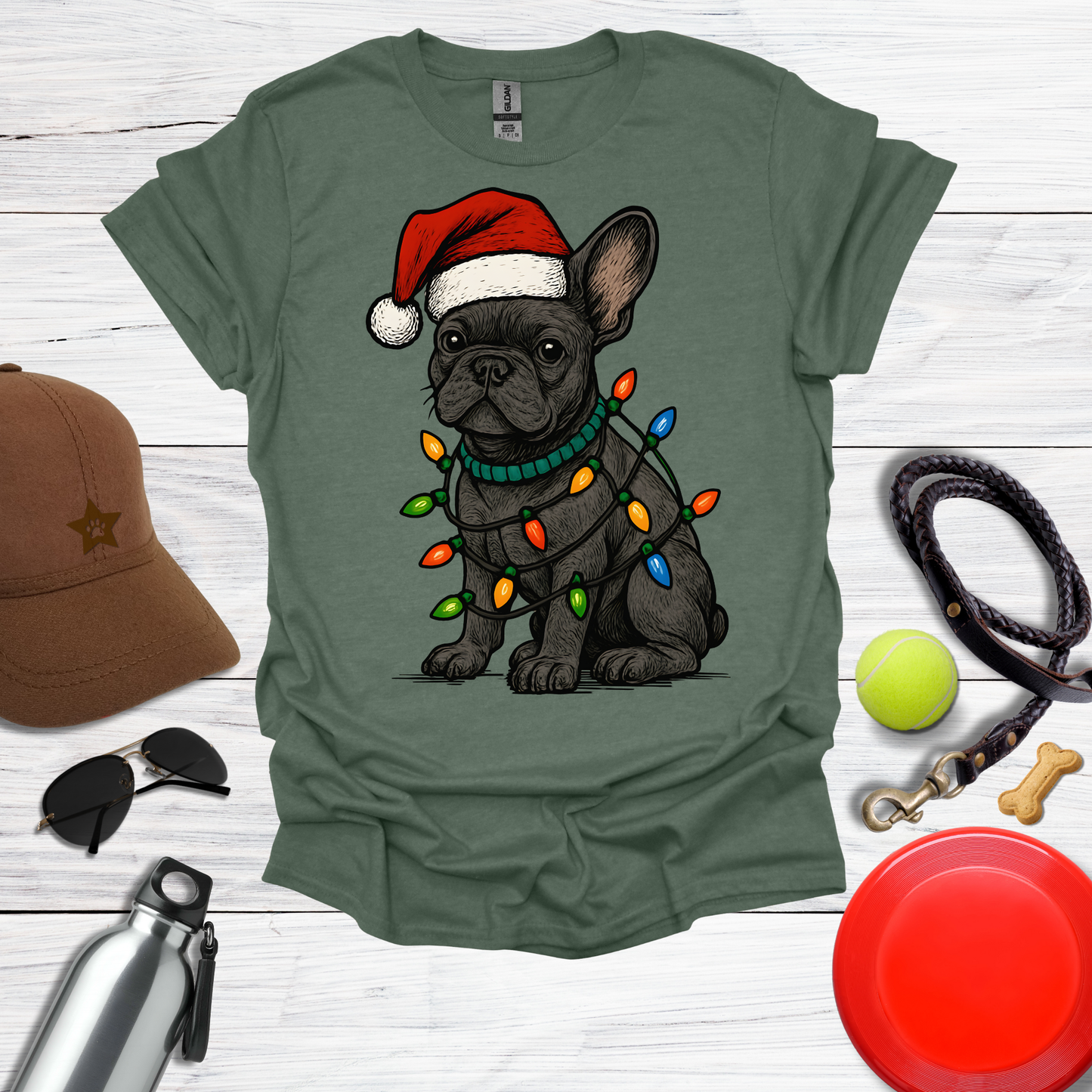 Festive Pup in Santa Hat with Holiday Lights T-Shirt