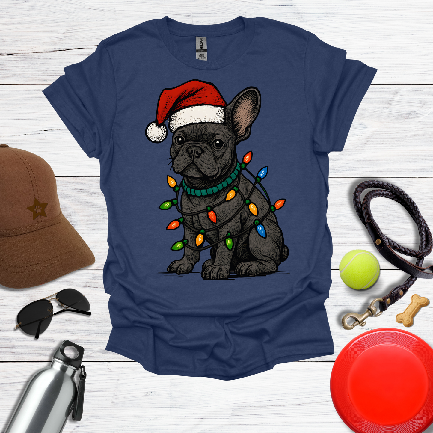 Festive Pup in Santa Hat with Holiday Lights T-Shirt