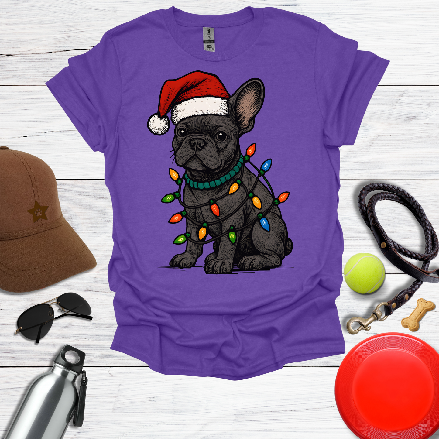 Festive Pup in Santa Hat with Holiday Lights T-Shirt