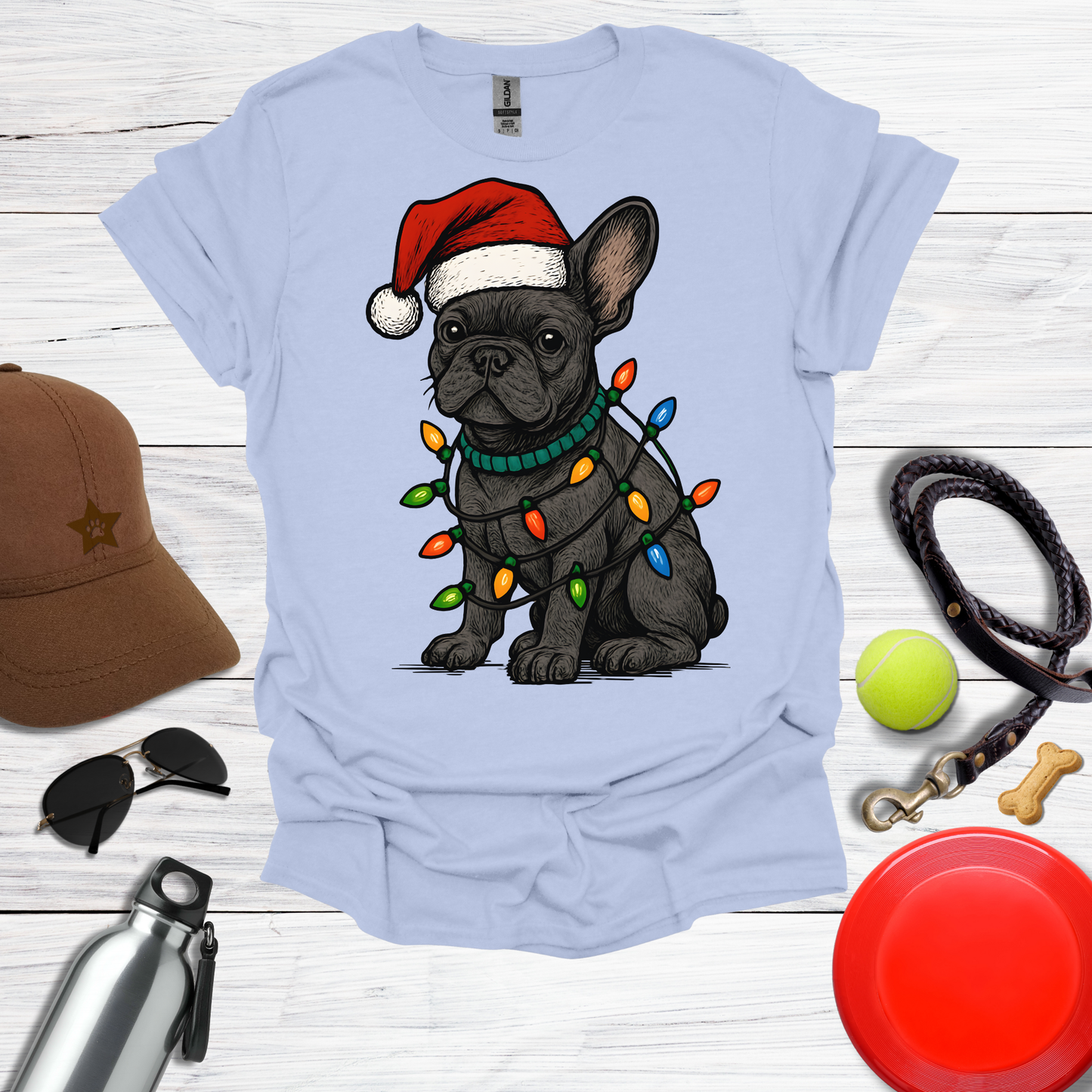 Festive Pup in Santa Hat with Holiday Lights T-Shirt
