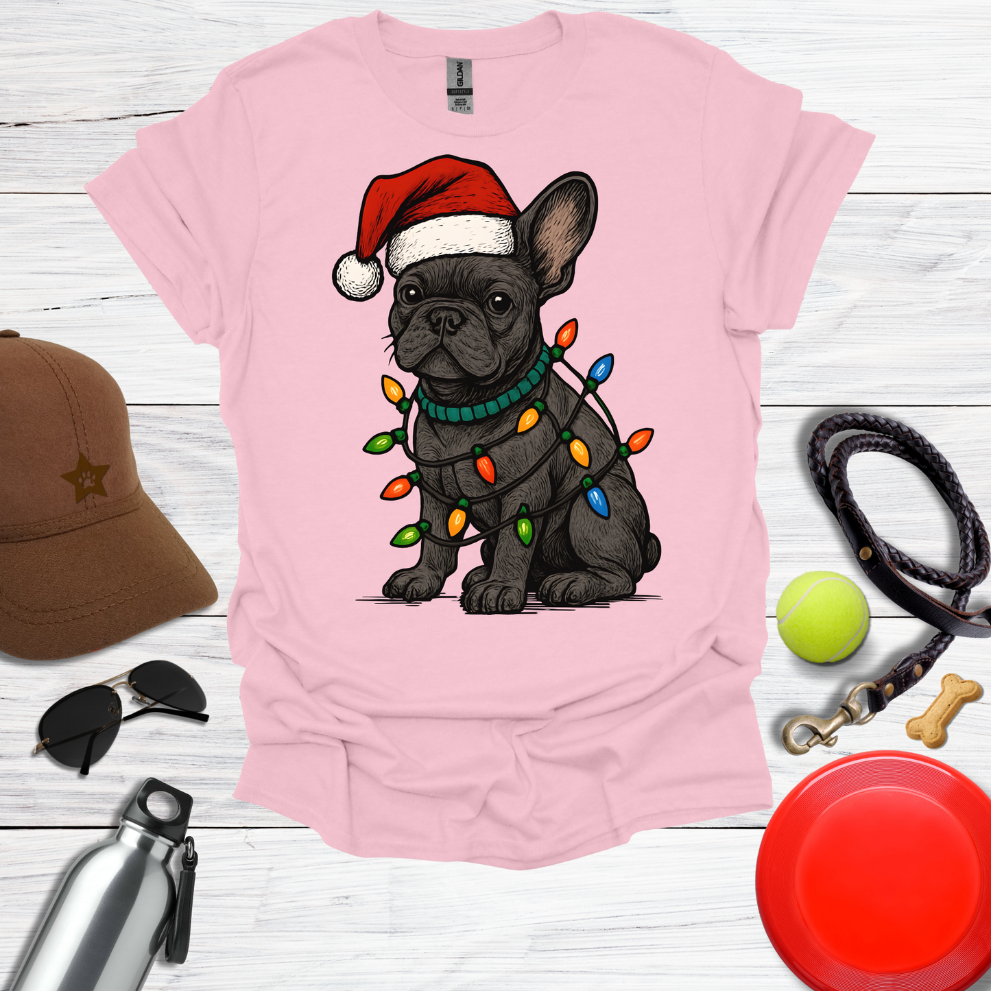 Festive Pup in Santa Hat with Holiday Lights T-Shirt