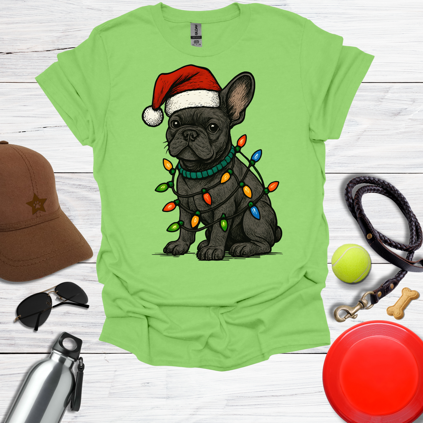 Festive Pup in Santa Hat with Holiday Lights T-Shirt