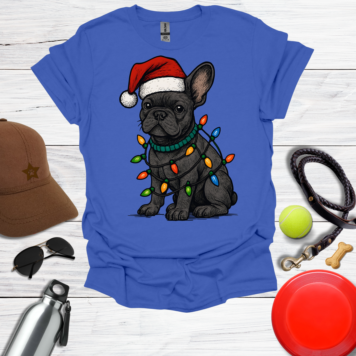 Festive Pup in Santa Hat with Holiday Lights T-Shirt