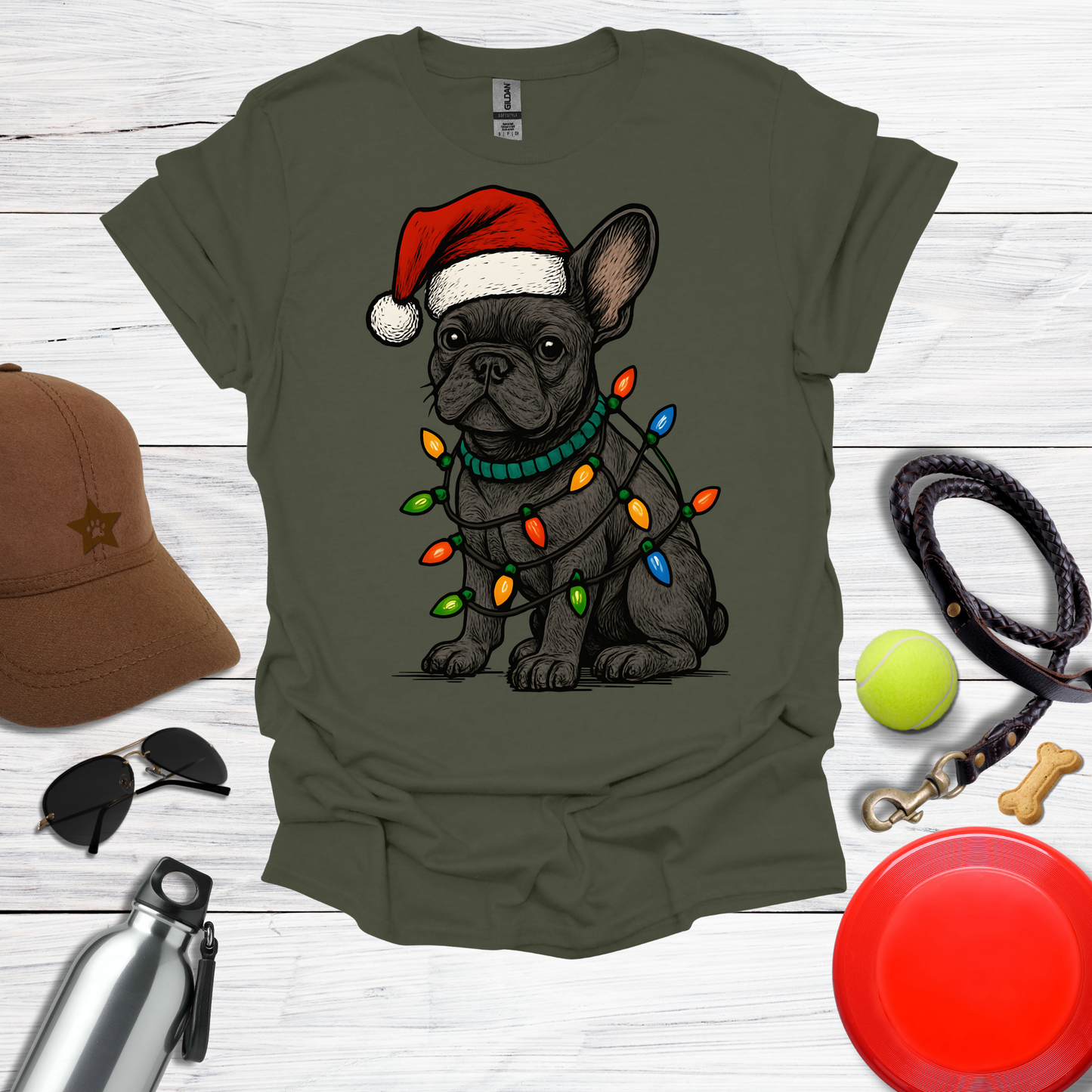 Festive Pup in Santa Hat with Holiday Lights T-Shirt