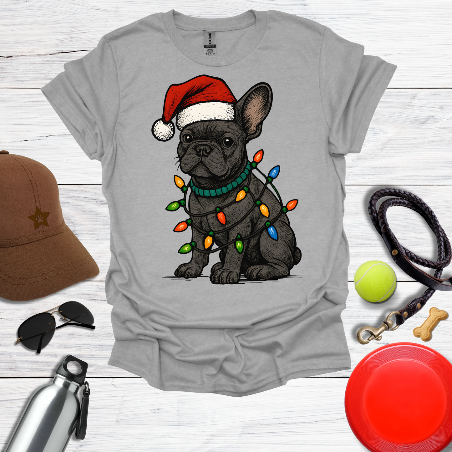 Festive Pup in Santa Hat with Holiday Lights T-Shirt