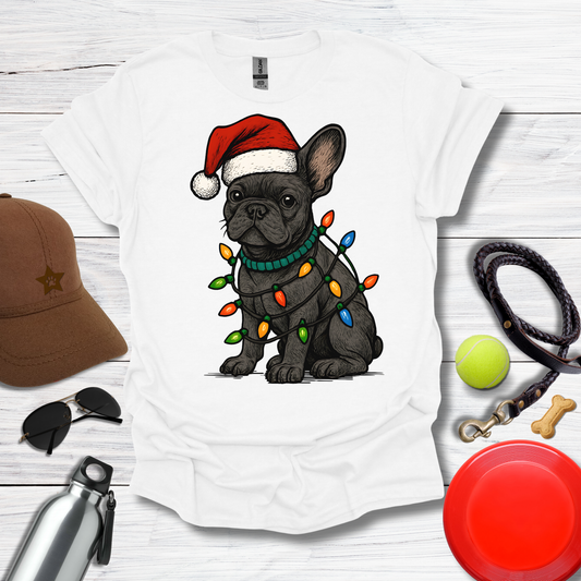 Festive Pup in Santa Hat with Holiday Lights T-Shirt