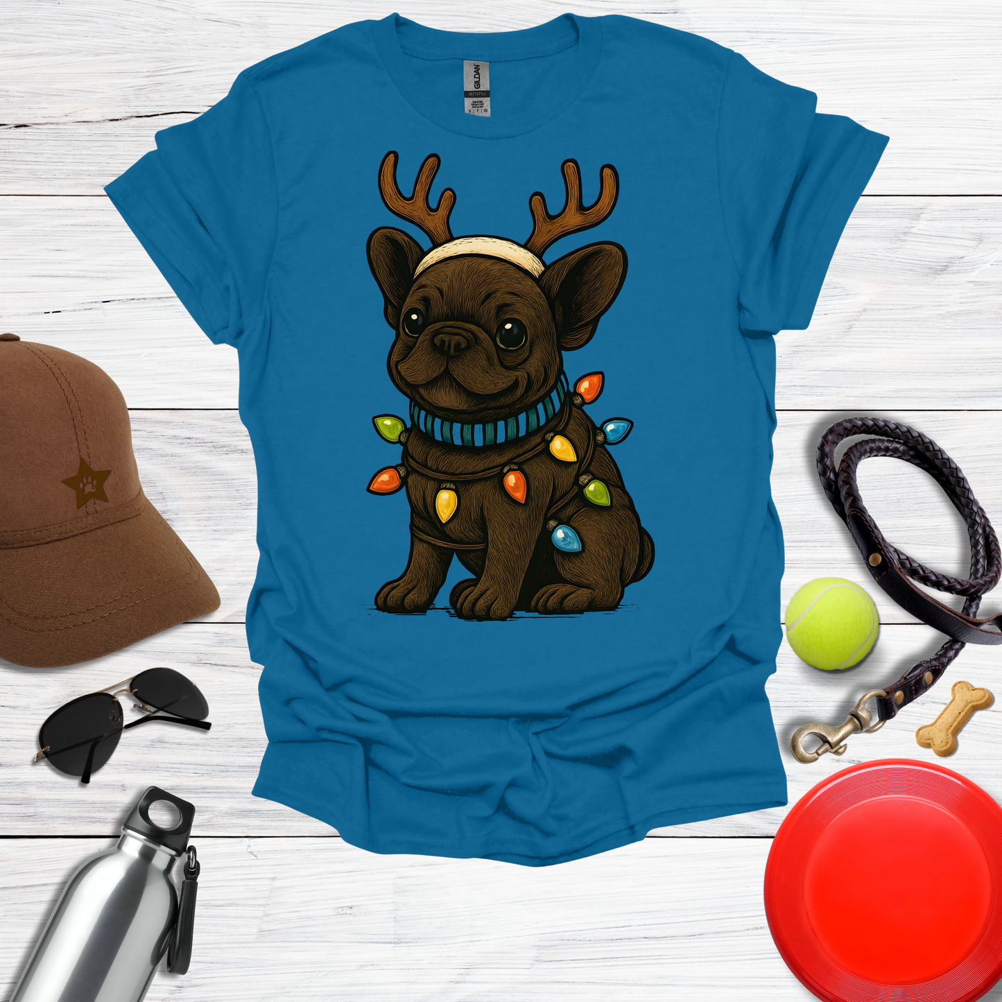 Cute Frenchie with Reindeer Antlers & Holiday Lights T-Shirts