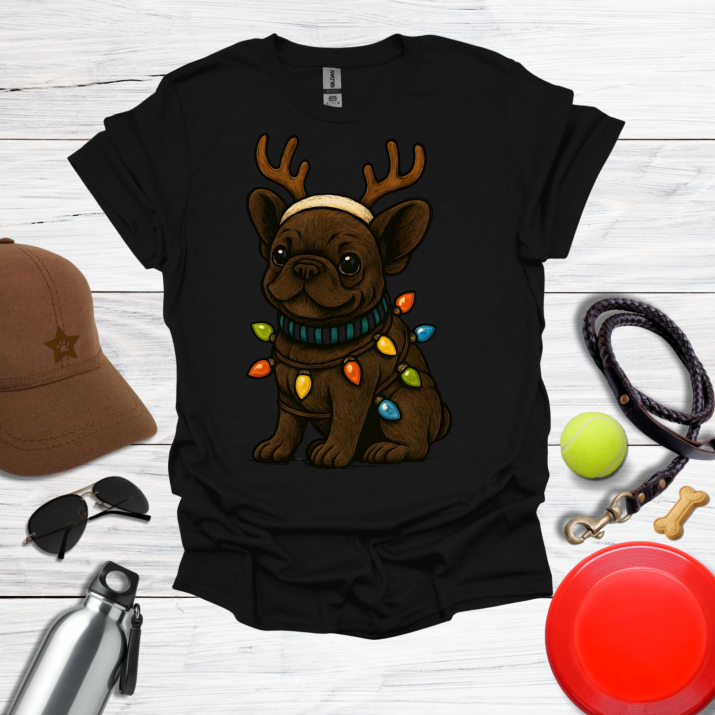 Cute Frenchie with Reindeer Antlers & Holiday Lights T-Shirts