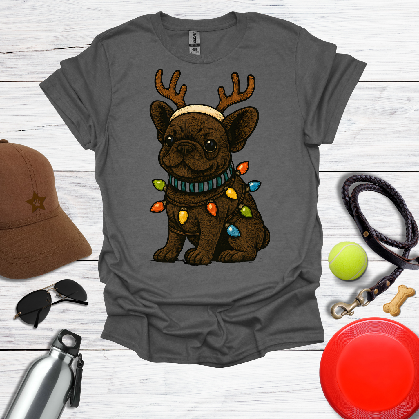 Cute Frenchie with Reindeer Antlers & Holiday Lights T-Shirts