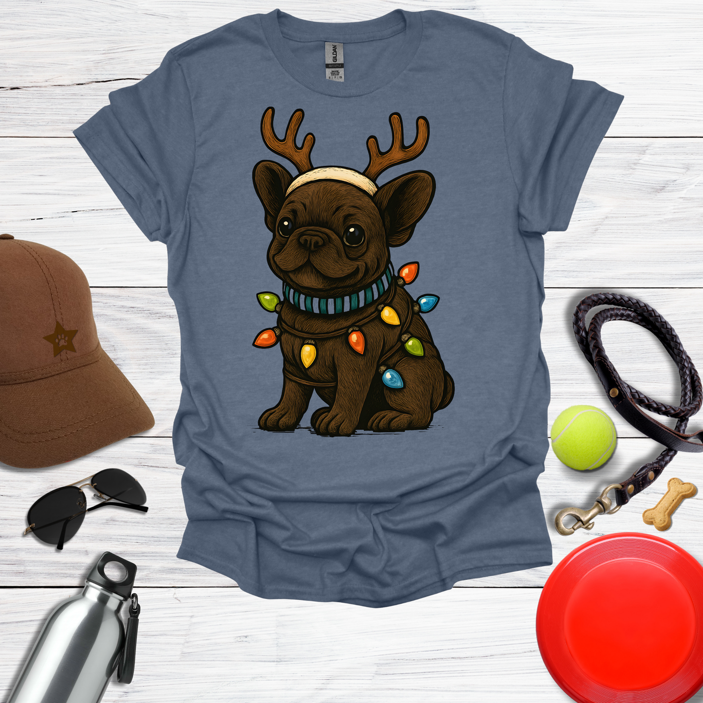 Cute Frenchie with Reindeer Antlers & Holiday Lights T-Shirts