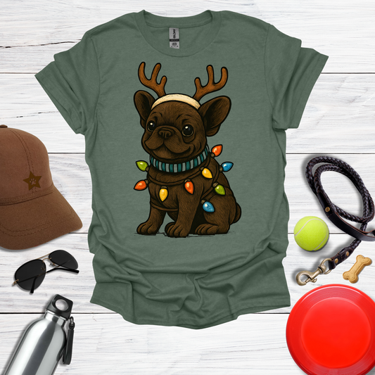 Cute Frenchie with Reindeer Antlers & Holiday Lights T-Shirts