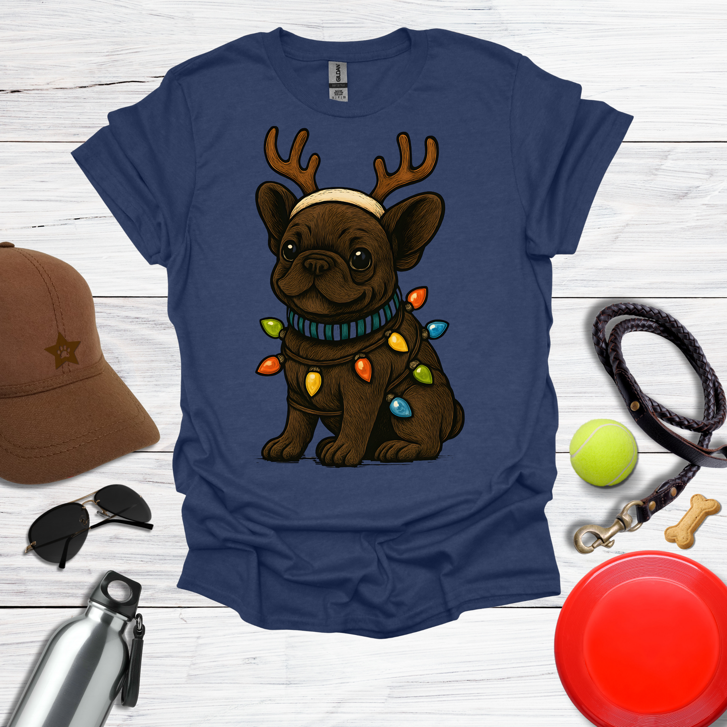 Cute Frenchie with Reindeer Antlers & Holiday Lights T-Shirts
