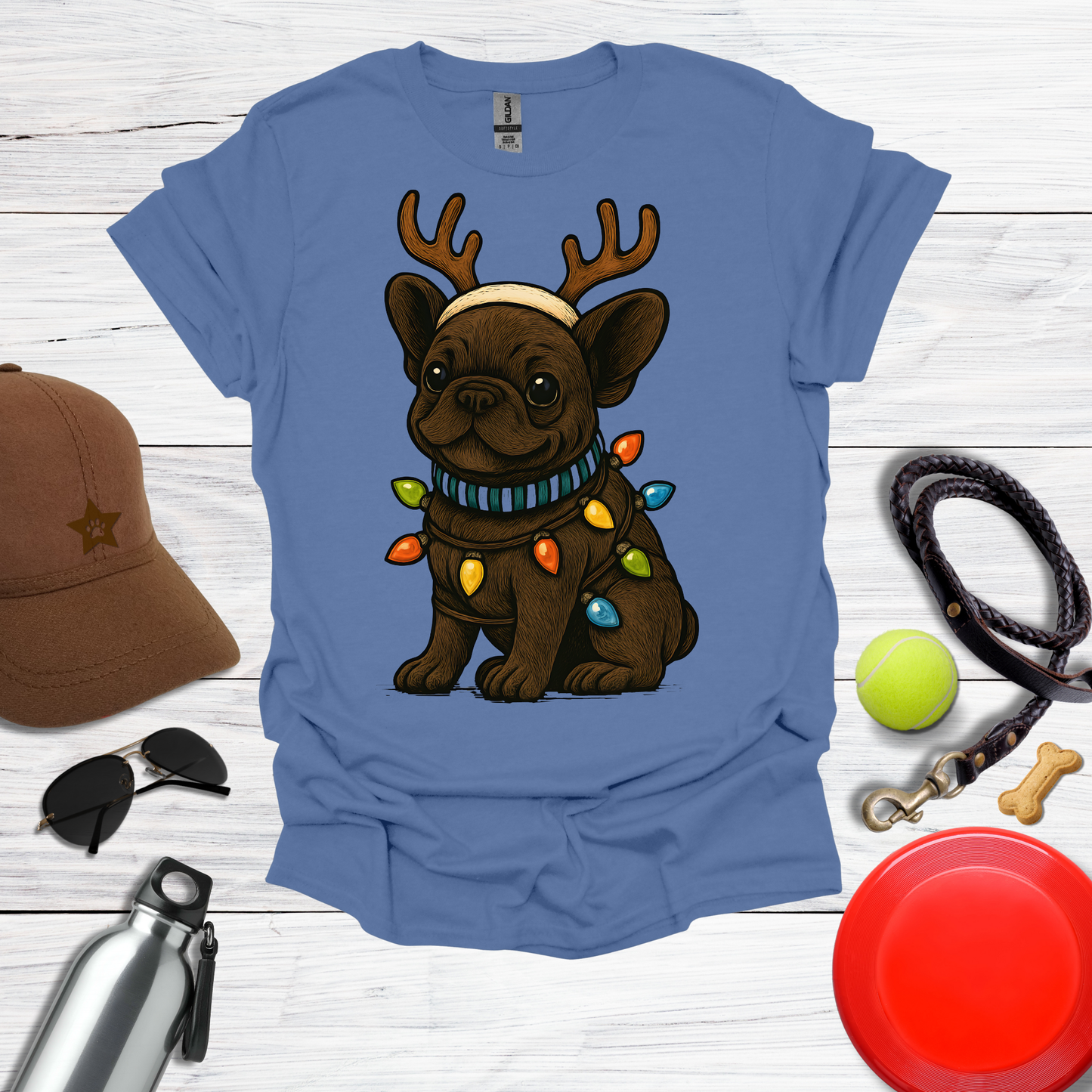 Cute Frenchie with Reindeer Antlers & Holiday Lights T-Shirts