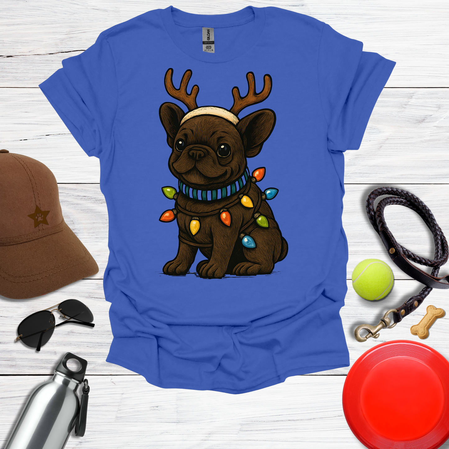 Cute Frenchie with Reindeer Antlers & Holiday Lights T-Shirts