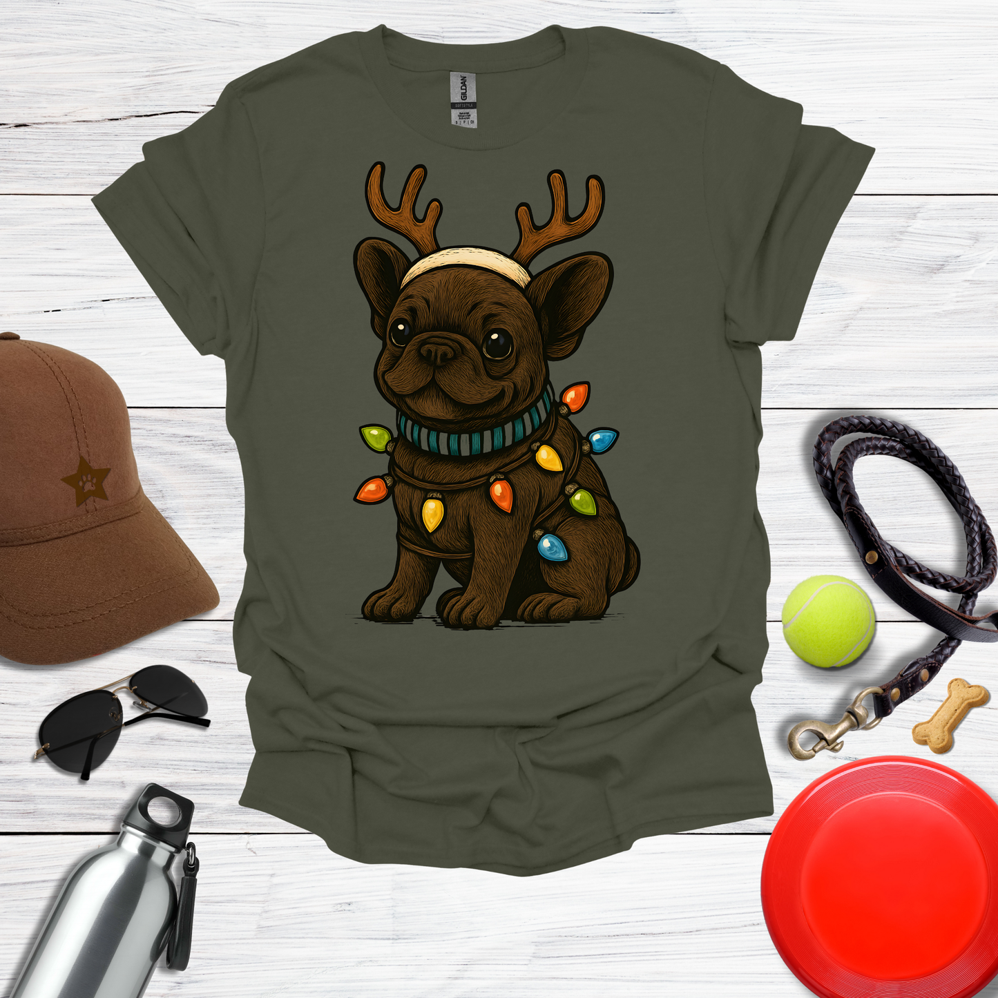 Cute Frenchie with Reindeer Antlers & Holiday Lights T-Shirts