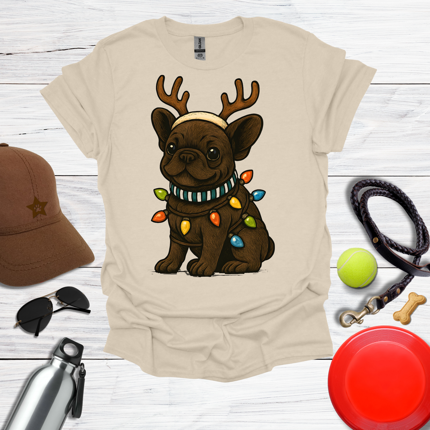 Cute Frenchie with Reindeer Antlers & Holiday Lights T-Shirts