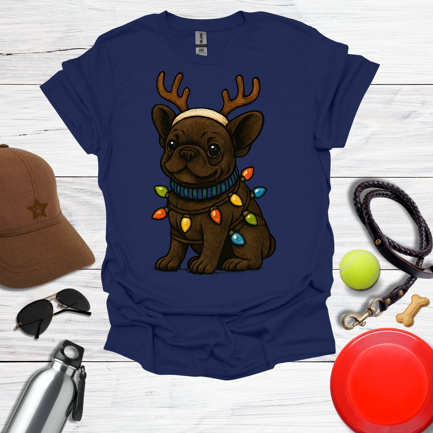 Cute Frenchie with Reindeer Antlers & Holiday Lights T-Shirts
