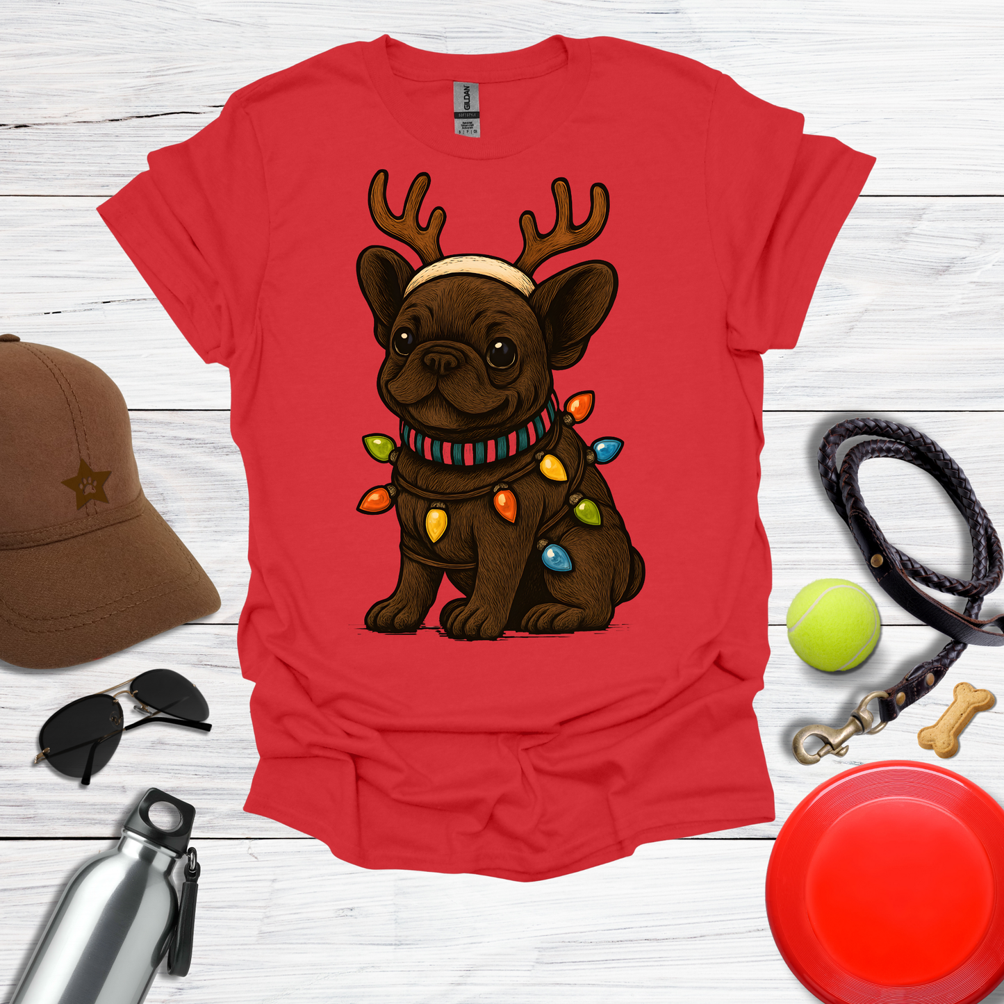 Cute Frenchie with Reindeer Antlers & Holiday Lights T-Shirts