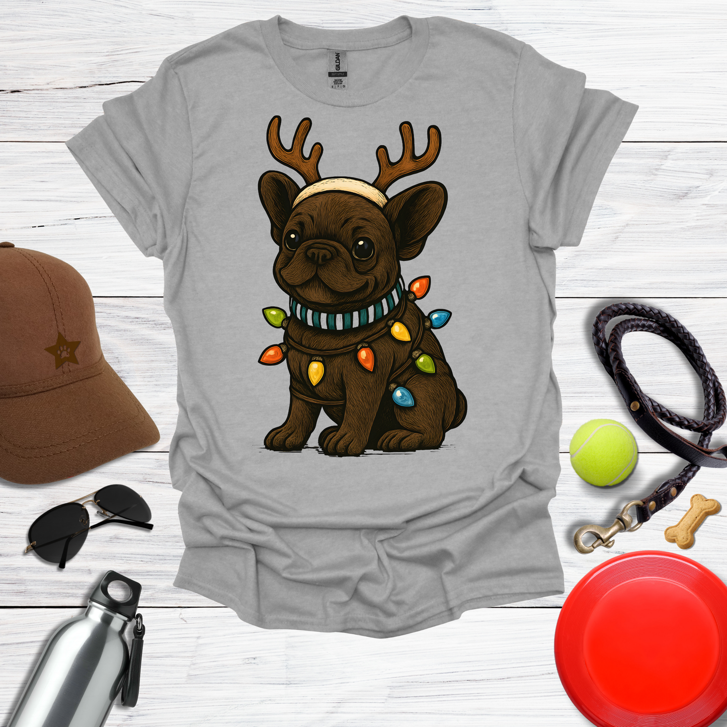 Cute Frenchie with Reindeer Antlers & Holiday Lights T-Shirts