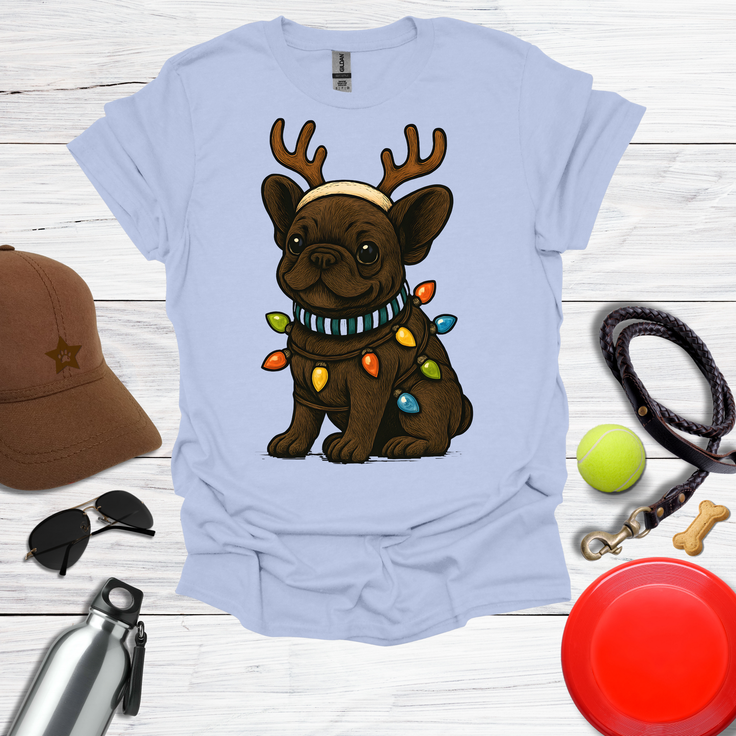 Cute Frenchie with Reindeer Antlers & Holiday Lights T-Shirts