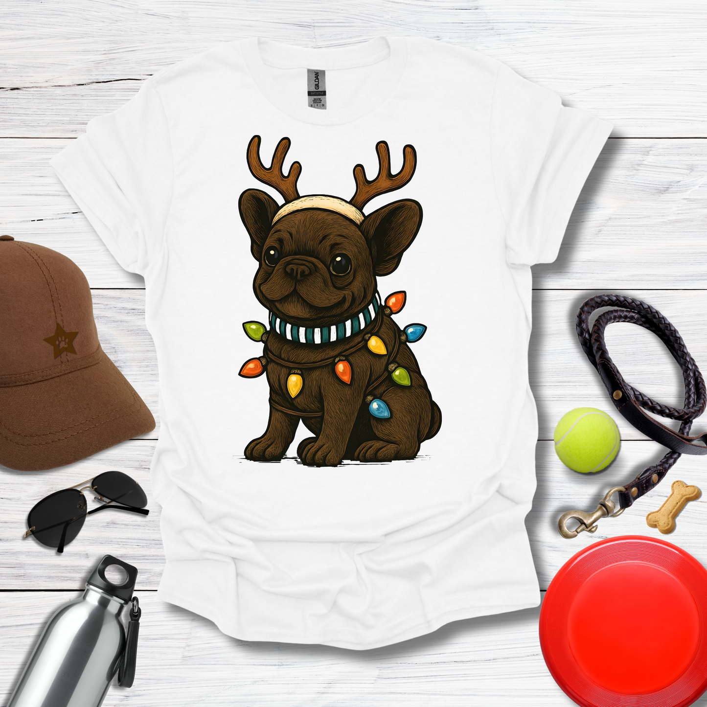 Cute Frenchie with Reindeer Antlers & Holiday Lights T-Shirts