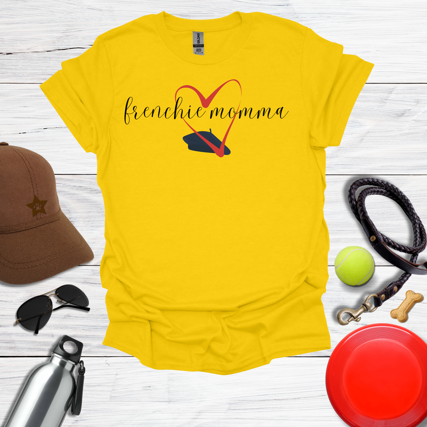 Frenchie Momma Beret & Big HeartGraphic T-Shirt