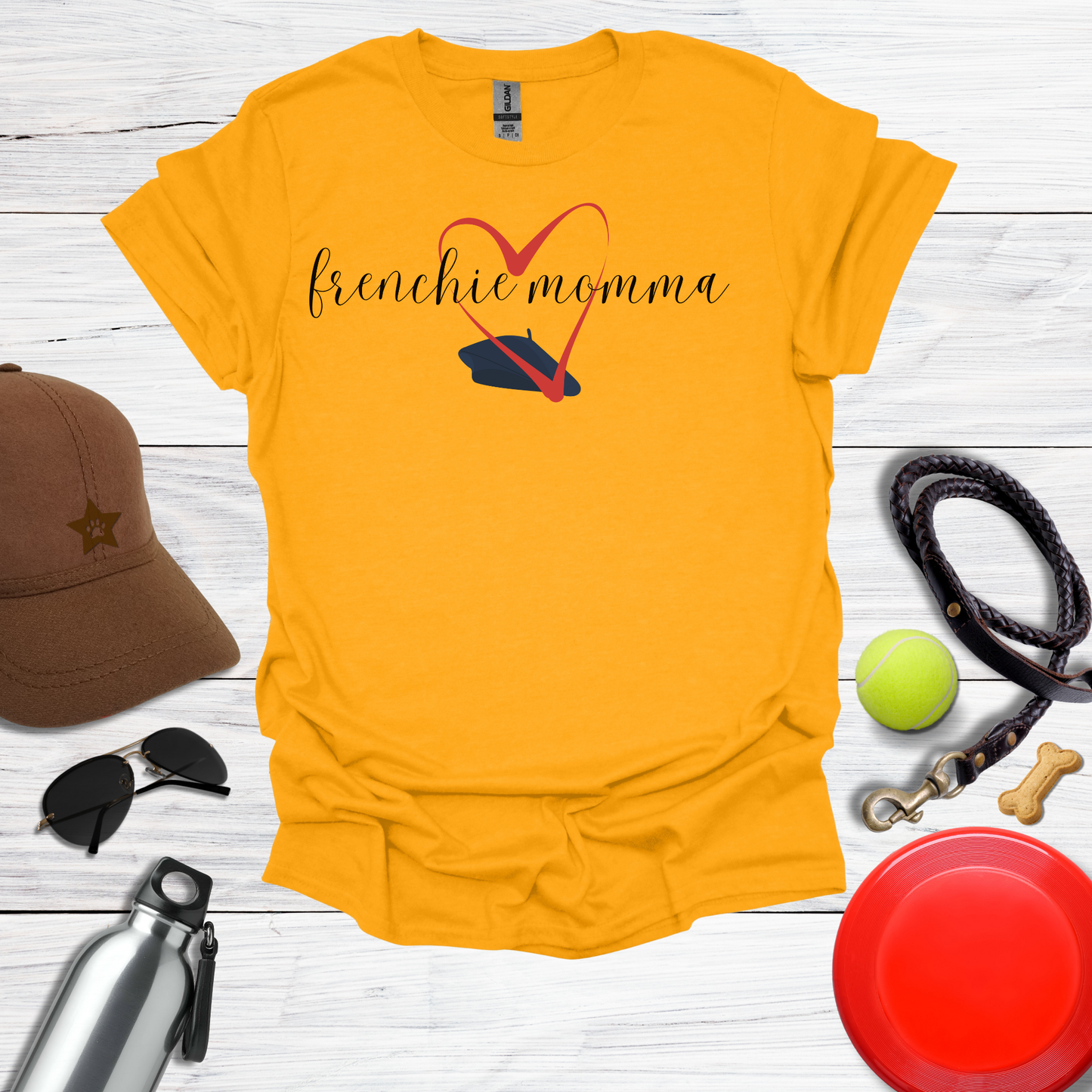 Frenchie Momma Beret & Big HeartGraphic T-Shirt