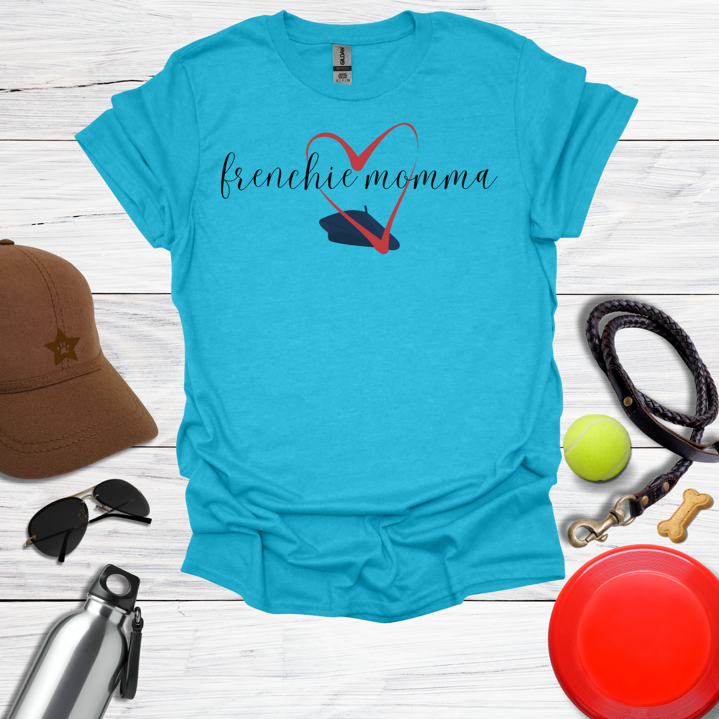 Frenchie Momma Beret & Big HeartGraphic T-Shirt