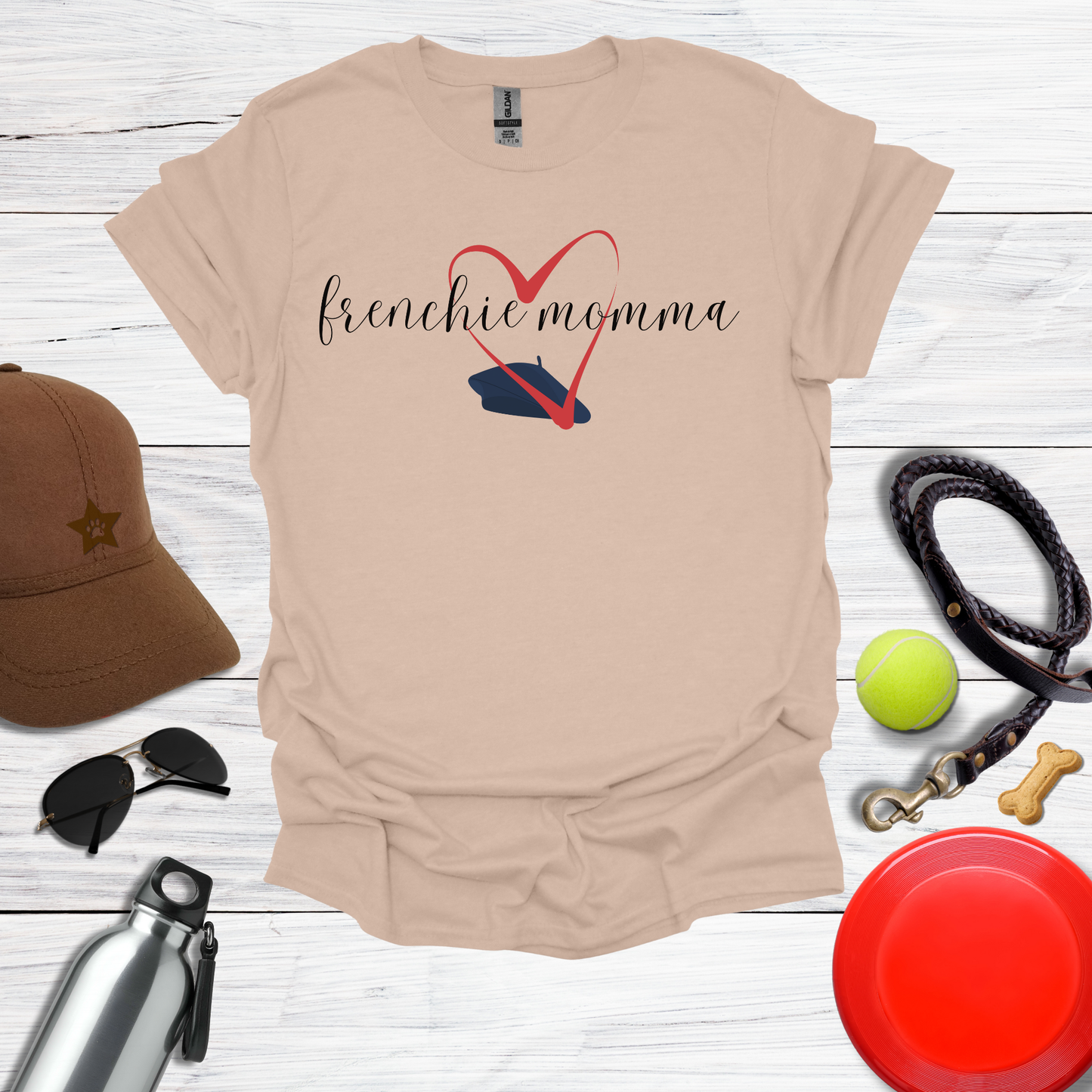 Frenchie Momma Beret & Big HeartGraphic T-Shirt