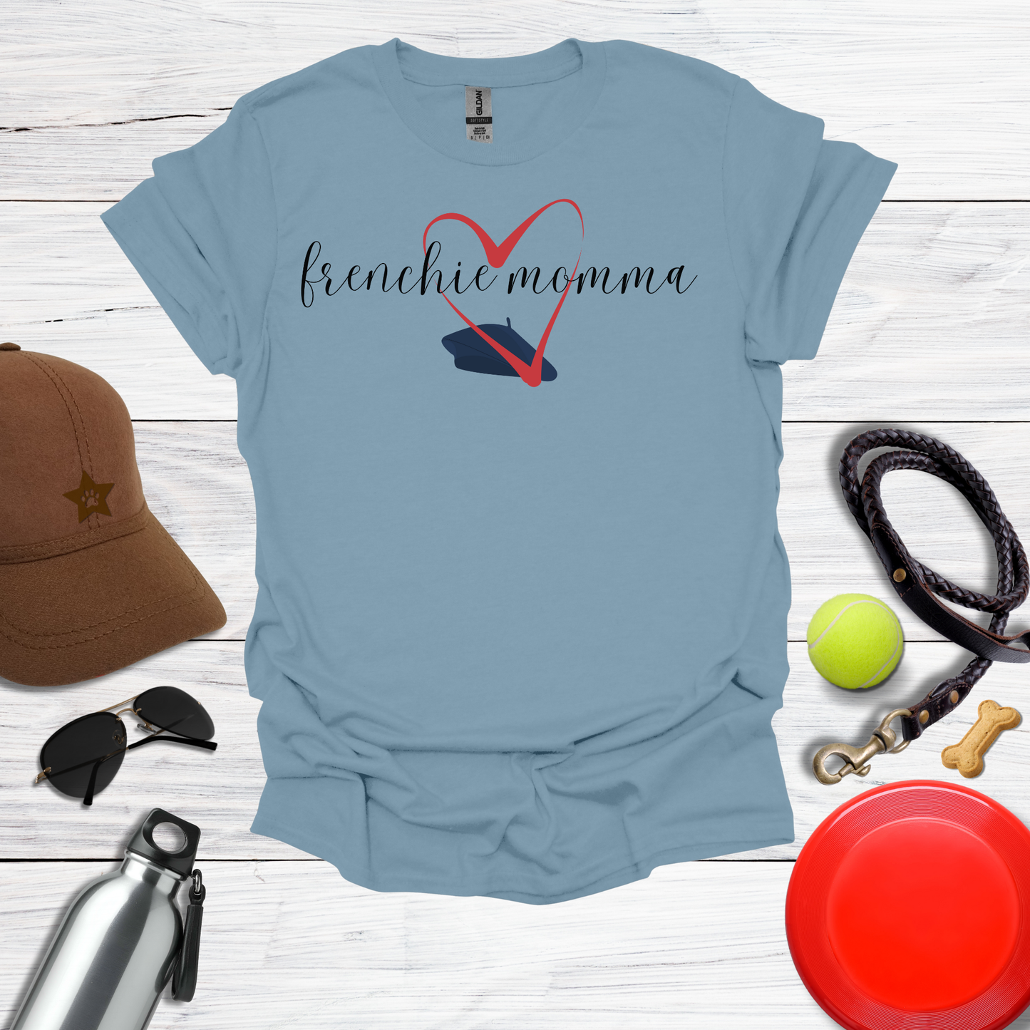 Frenchie Momma Beret & Big HeartGraphic T-Shirt