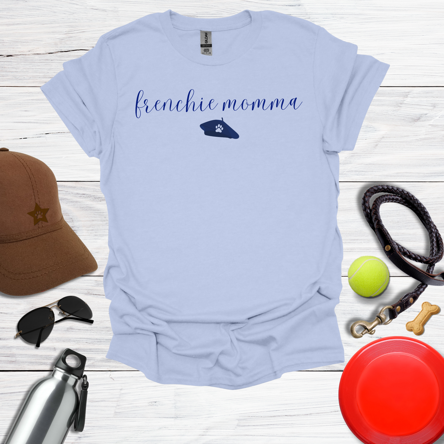 Frenchie Momma  with Beret and Paw Icon T-Shirt