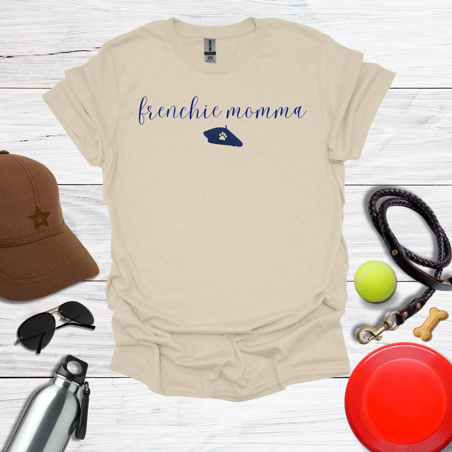 Frenchie Momma  with Beret and Paw Icon T-Shirt