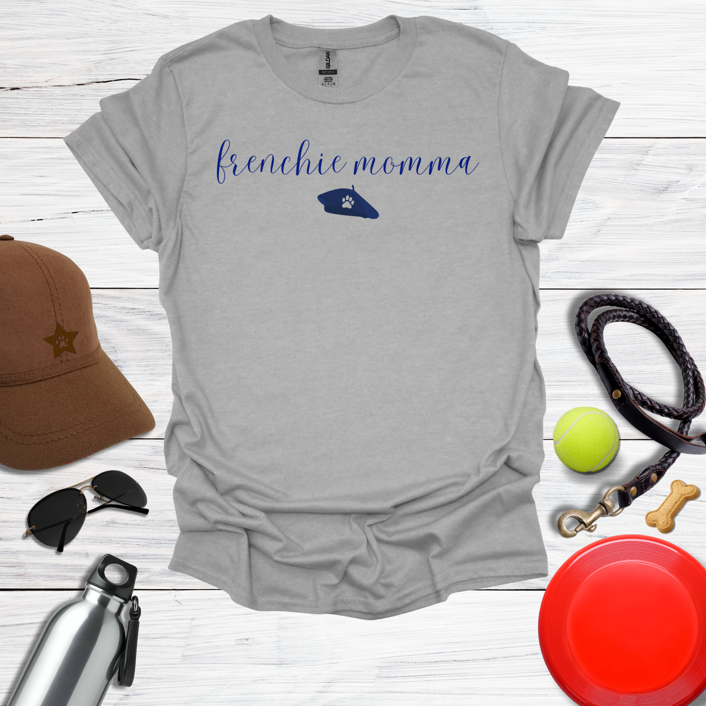 Frenchie Momma  with Beret and Paw Icon T-Shirt