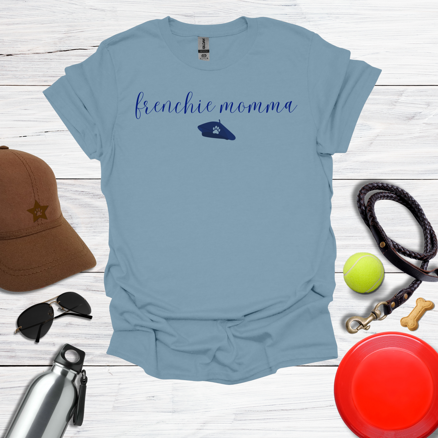 Frenchie Momma  with Beret and Paw Icon T-Shirt