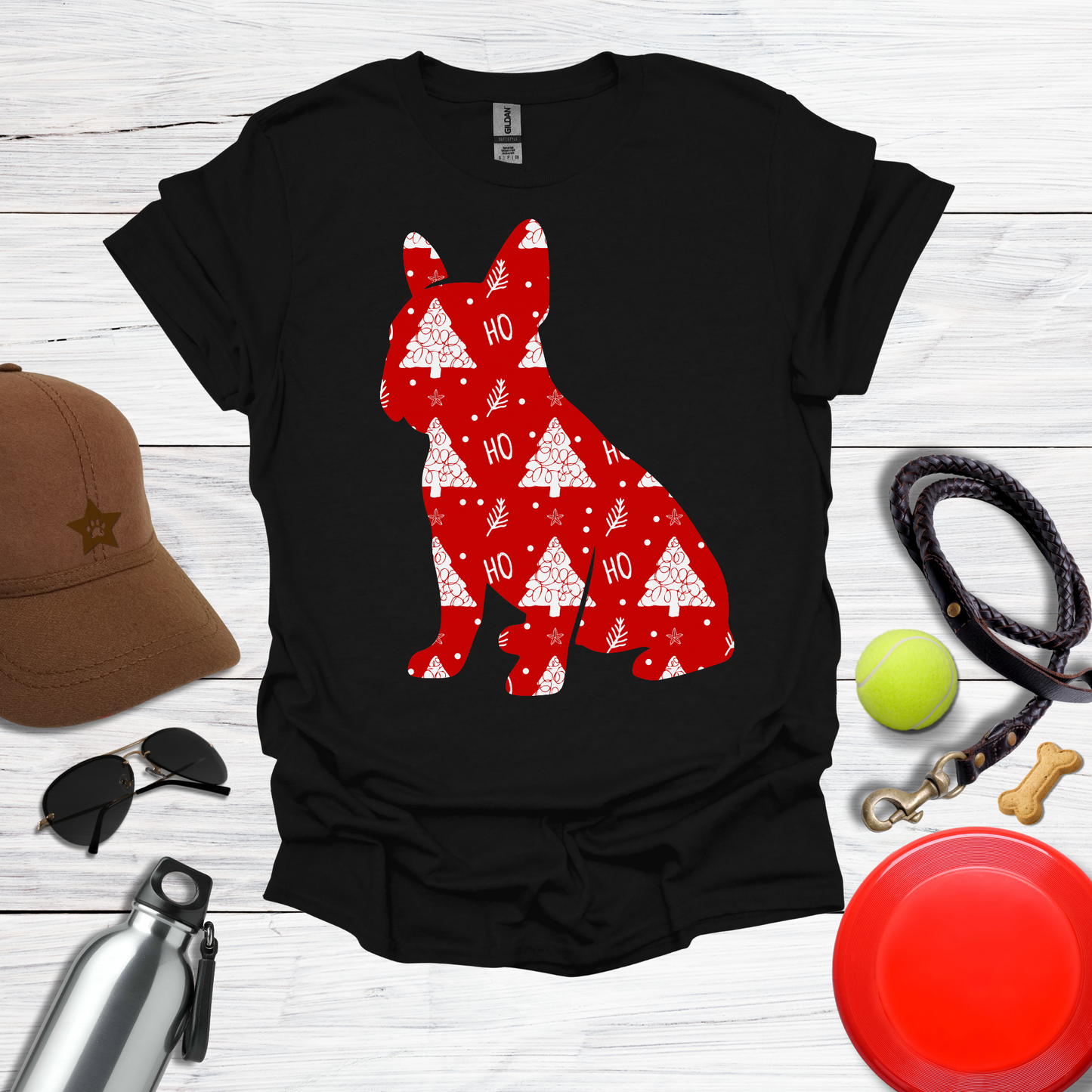 Frenchie Wrapped in Red 'Ho Ho' Tree Paper T-Shirt