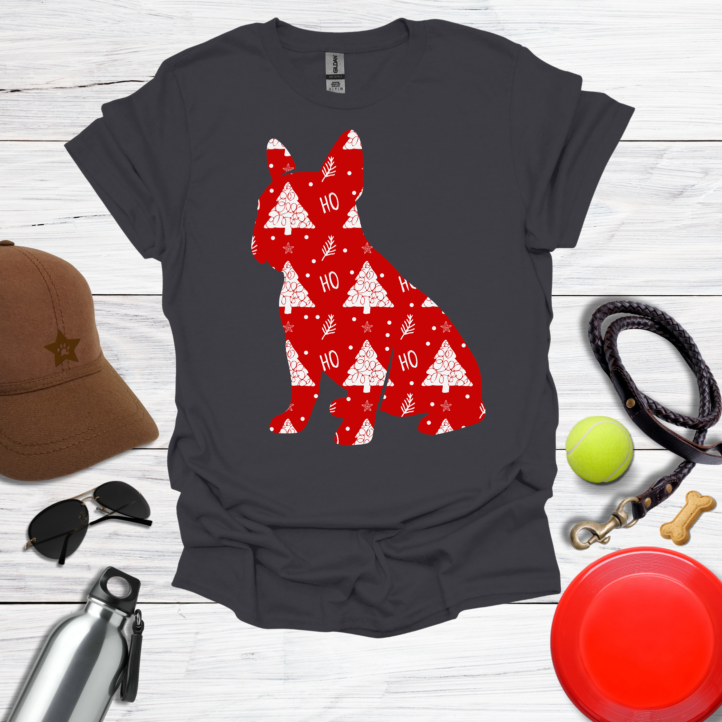 Frenchie Wrapped in Red 'Ho Ho' Tree Paper T-Shirt