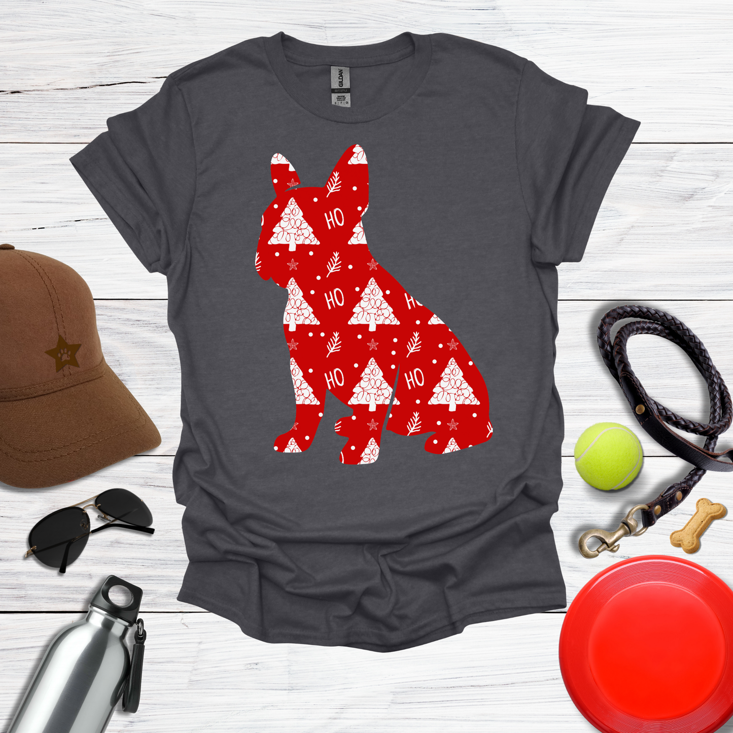 Frenchie Wrapped in Red 'Ho Ho' Tree Paper T-Shirt