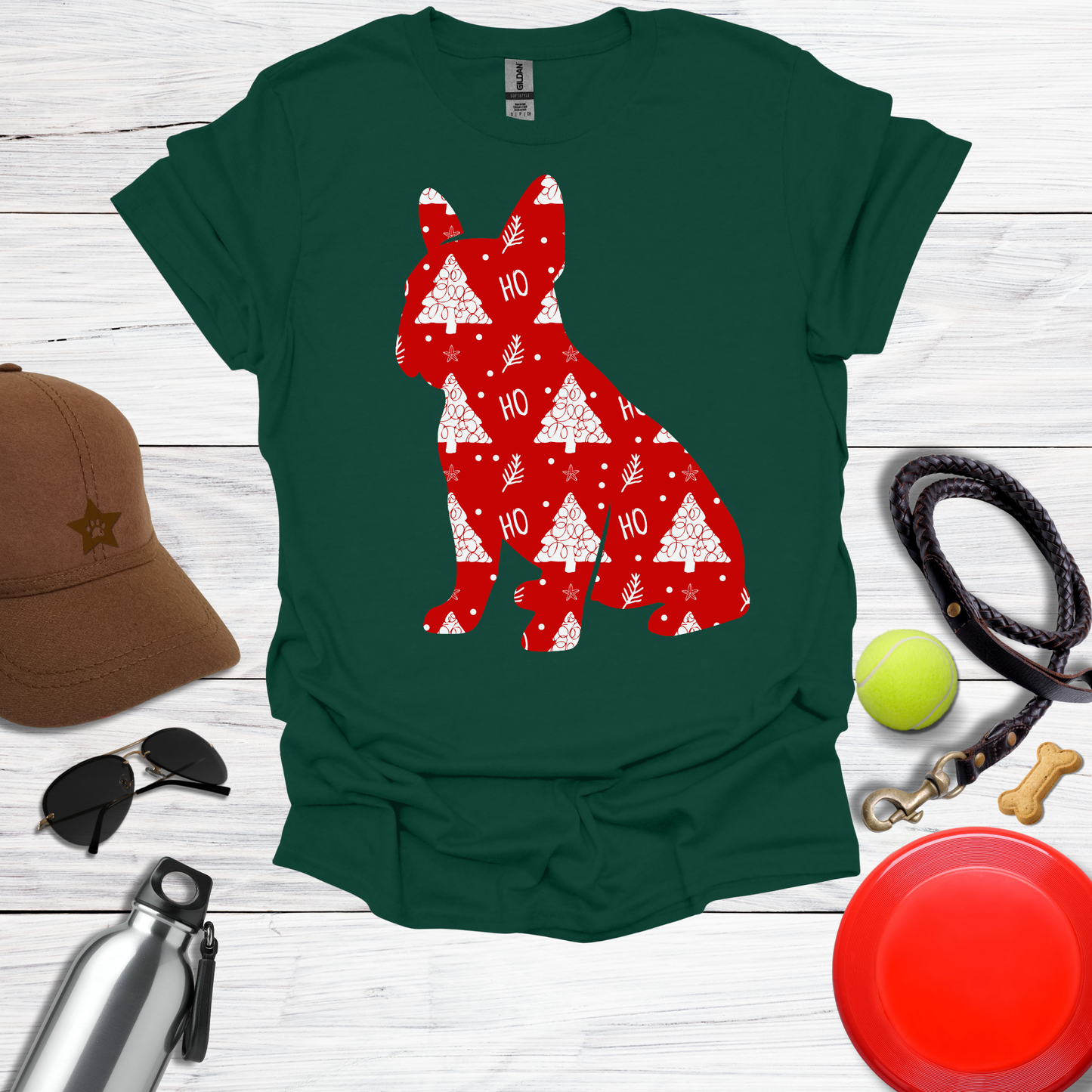 Frenchie Wrapped in Red 'Ho Ho' Tree Paper T-Shirt
