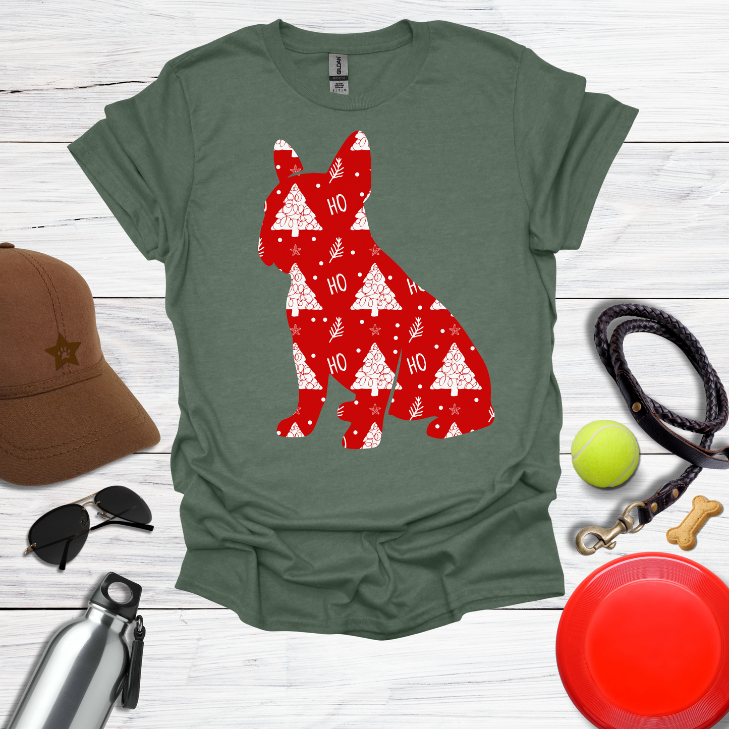 Frenchie Wrapped in Red 'Ho Ho' Tree Paper T-Shirt
