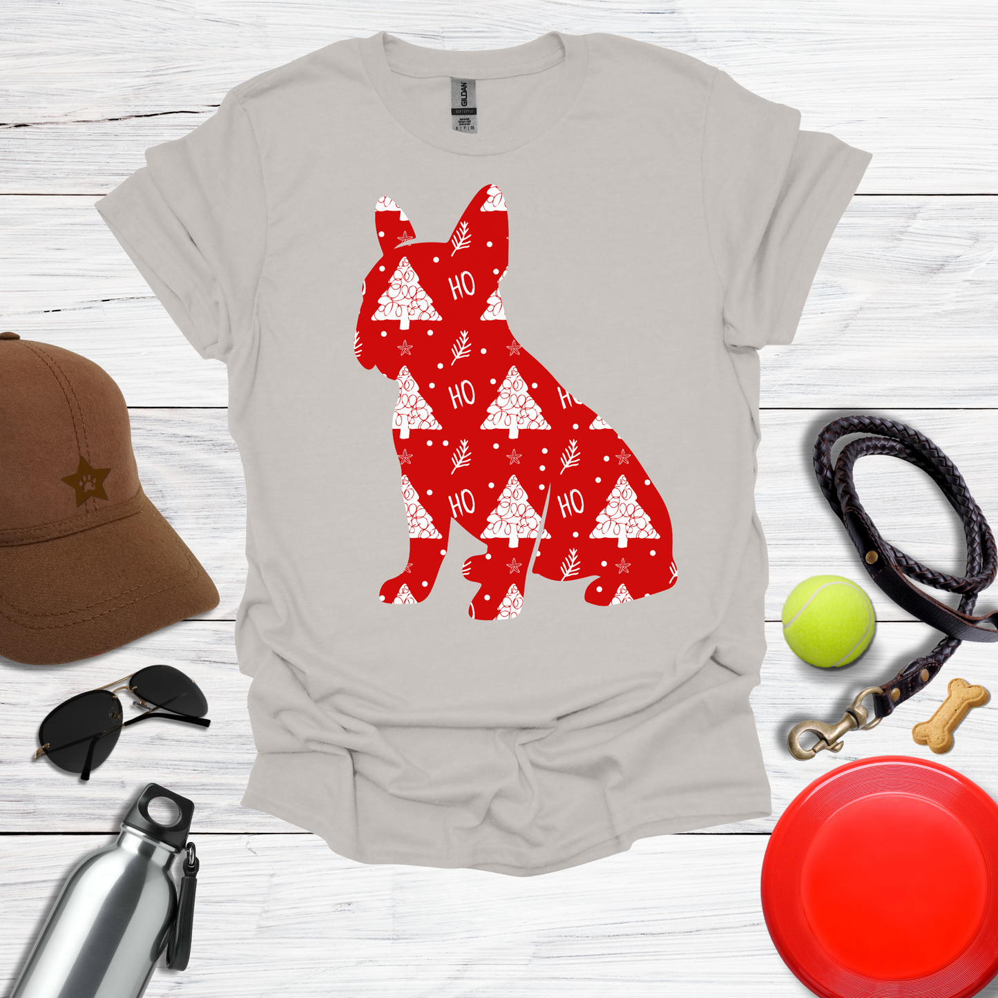 Frenchie Wrapped in Red 'Ho Ho' Tree Paper T-Shirt