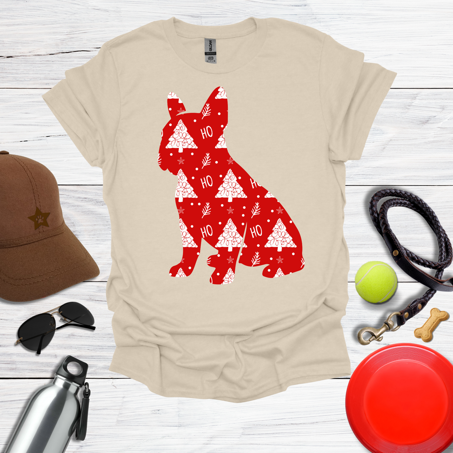 Frenchie Wrapped in Red 'Ho Ho' Tree Paper T-Shirt