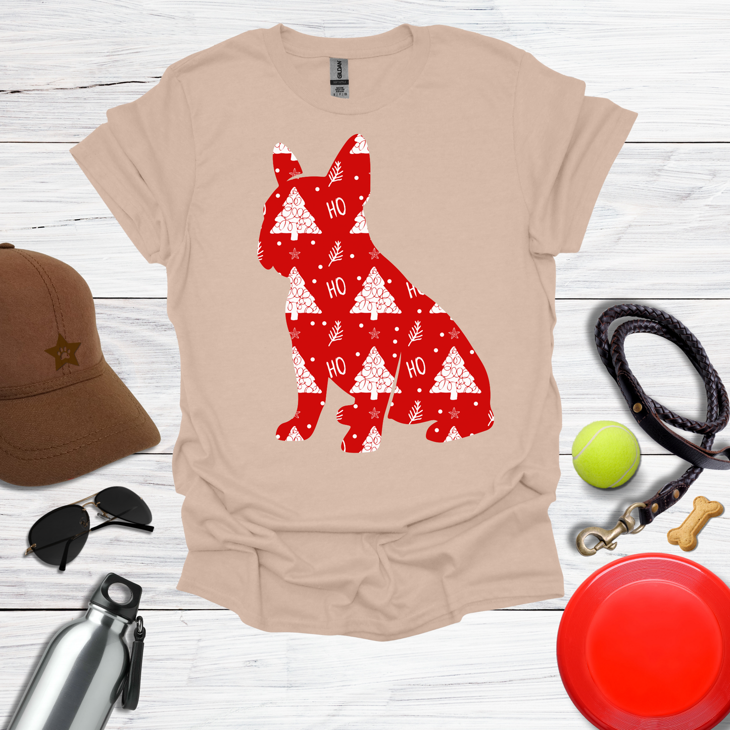 Frenchie Wrapped in Red 'Ho Ho' Tree Paper T-Shirt