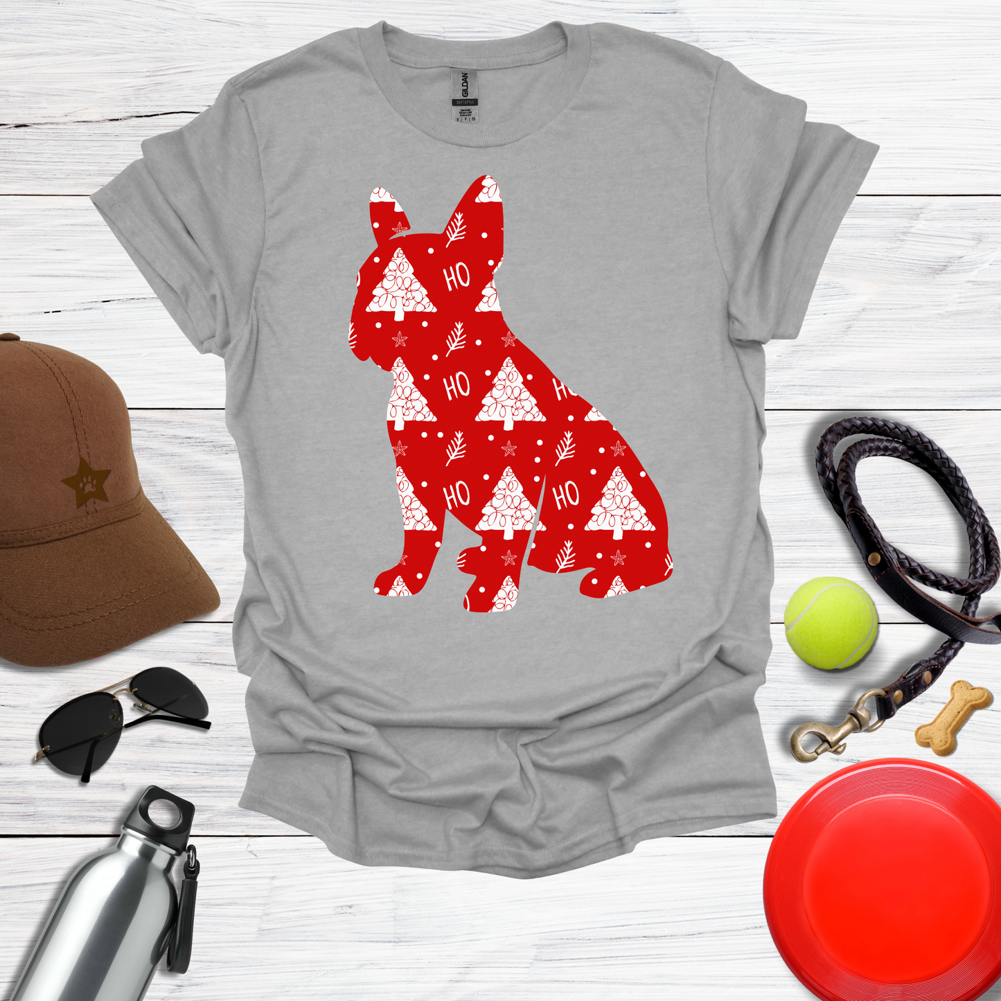 Frenchie Wrapped in Red 'Ho Ho' Tree Paper T-Shirt