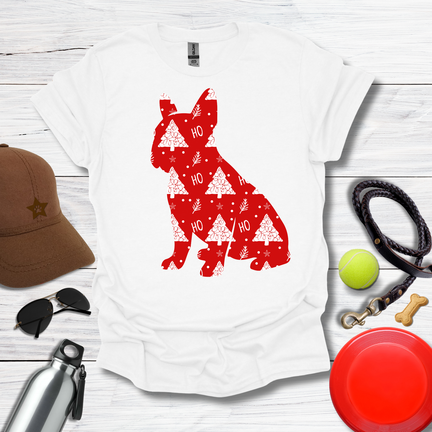 Frenchie Wrapped in Red 'Ho Ho' Tree Paper T-Shirt