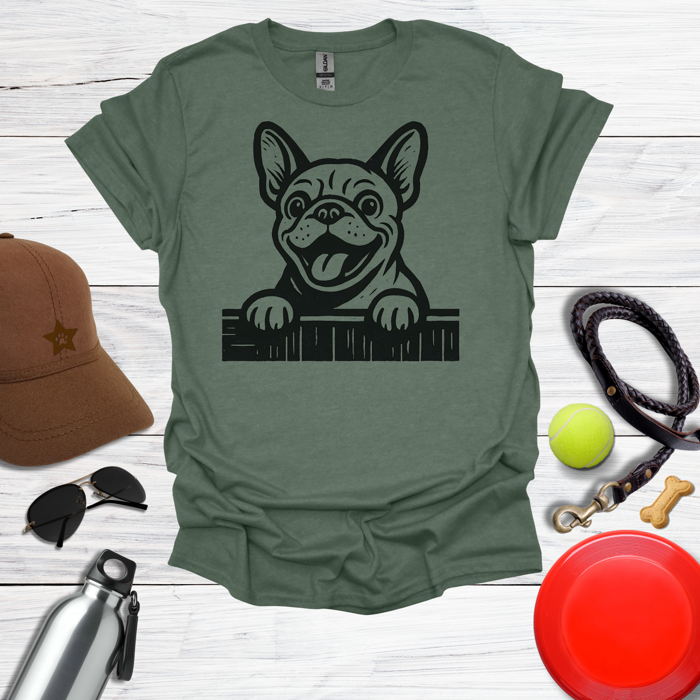 Frenchie Peeking Over Fence T-Shirt